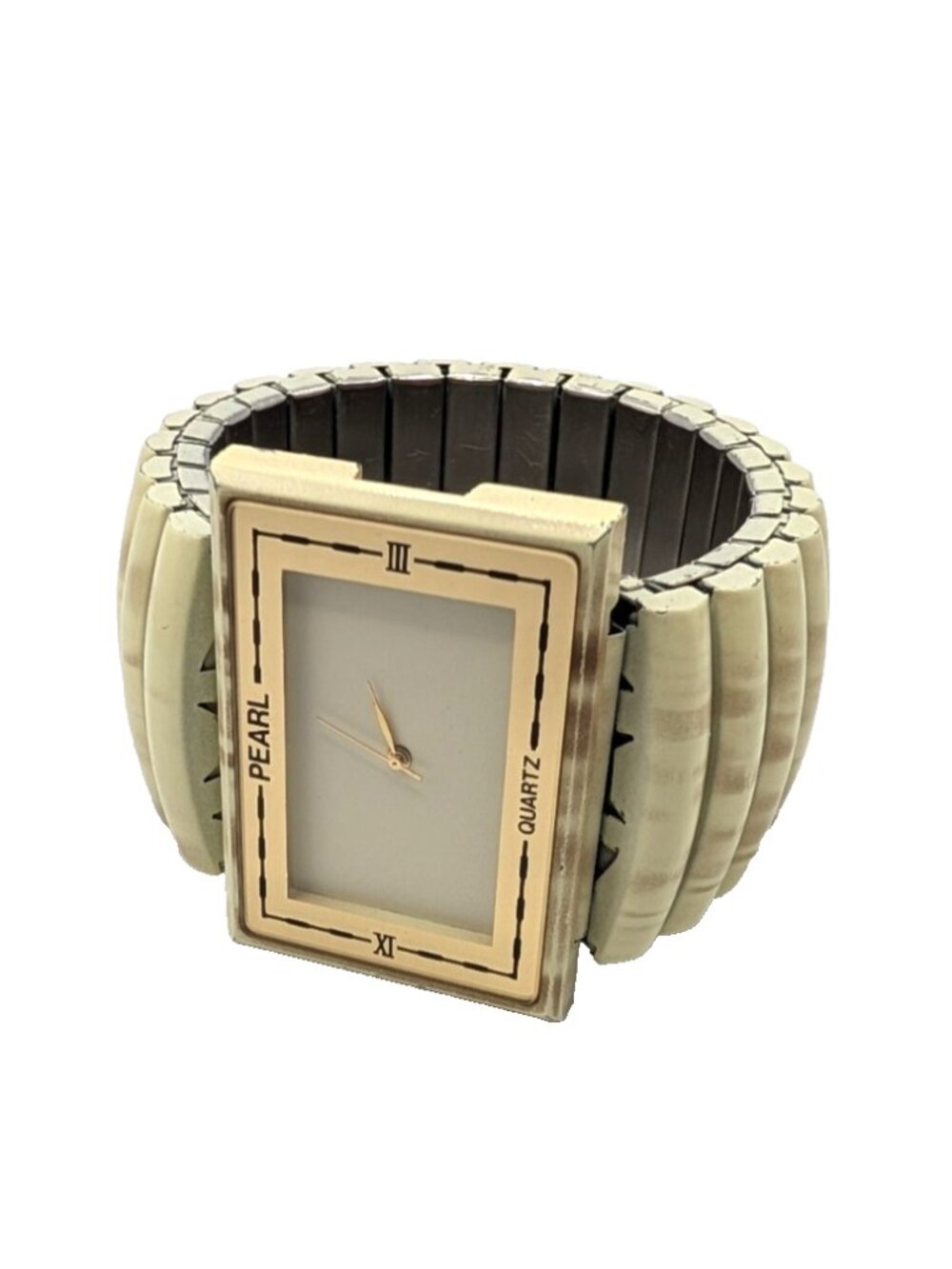 Vtg Pearl Ladies Retro Statement Quartz Watch New Battery Stretch Band Hong Kong